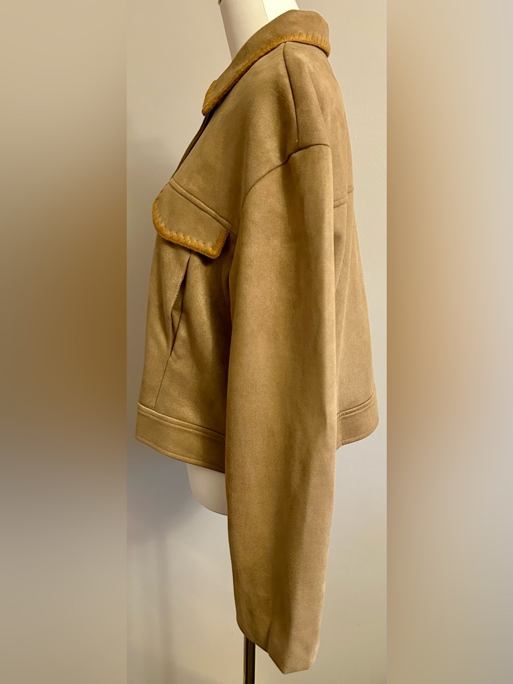 NWT - Cider Suede Jacket in Tan w Blanket Stitch Trim in Cognac - Picture 9 of 13